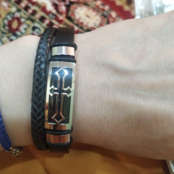 Christian Cross Bracelets Men Women Hand Jewelry Handmade 2 Lays Leather Cuff Bangle Stainless Steel Accessory 1