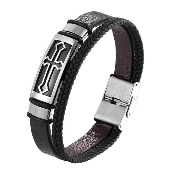 Christian Cross Bracelets Men Women Hand Jewelry Handmade 2 Lays Leather Cuff Bangle Stainless Steel Accessory 3