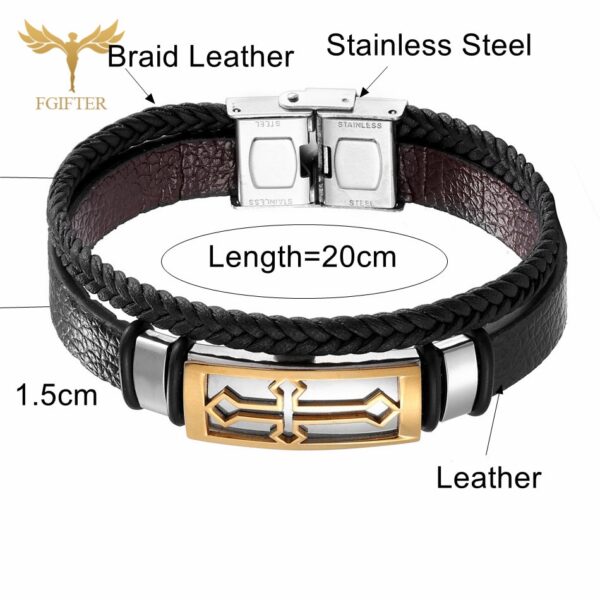 Christian Cross Bracelets Men Women Hand Jewelry Handmade 2 Lays Leather Cuff Bangle Stainless Steel Accessory 4