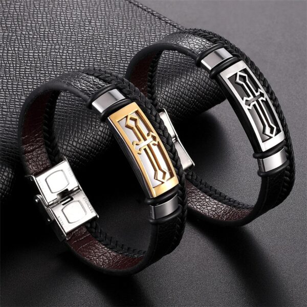 Christian Cross Bracelets Men Women Hand Jewelry Handmade 2 Lays Leather Cuff Bangle Stainless Steel Accessory