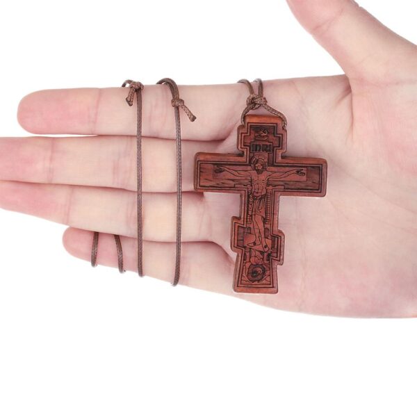 Red Black Wood Cross Necklaces for Men Adjustable Leather Rope Chains Religious INRI Orthodox Saint St 3