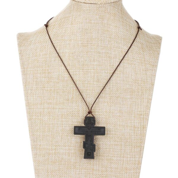 Red Black Wood Cross Necklaces for Men Adjustable Leather Rope Chains Religious INRI Orthodox Saint St 4