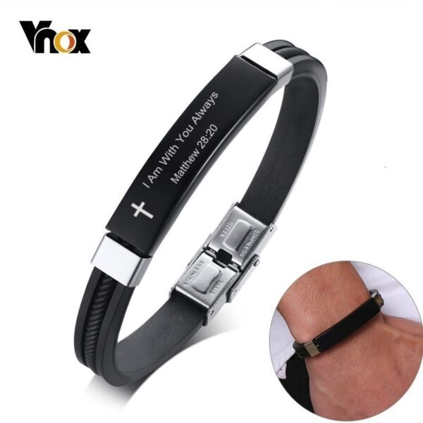 Vnox Cross Bible Verse Quotes Bracelets for Men Soft Silicone Bangle Comfort Wear Male Jesus Christ