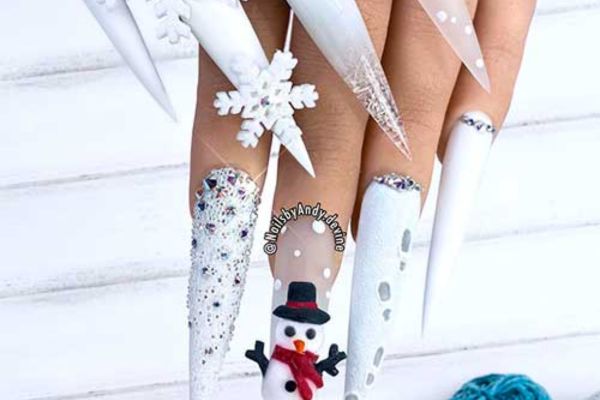 Grand Snowman Nails Indulged with Silver Crystals